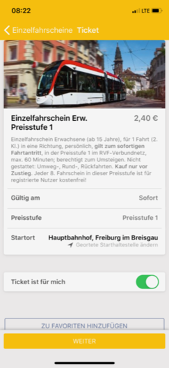 Beispiel Screenshot MobilTicket für iOS Fahrscheinauswahl