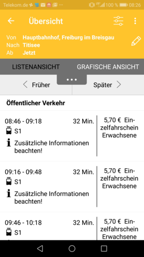 Beispiel Screenshot MobilTicket für Android Fahrtauskunft