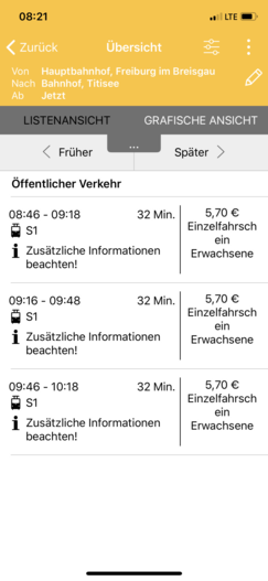 Beispiel Screenshot MobilTicket für iOS Fahrtauskunft