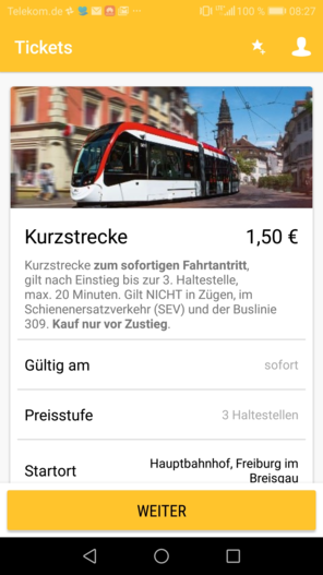 Beispiel Screenshot MobilTicket für Android Fahrscheinauswahl
