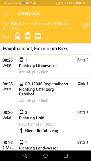 Beispiel Screenshot MobilTicket für Android Abfahrtsübersicht